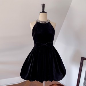 French retro style socialite hanging neck rhinestone black velvet slim fit short skirt dress 68359