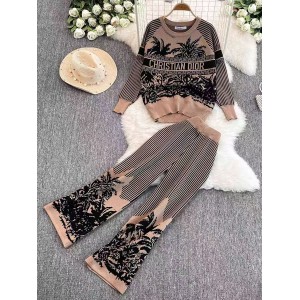 Autumn and Winter New Artistic Atmosphere Knitted Printed Set Women's Round Neck Top+High Waist Wide Leg Pants Two Piece Set