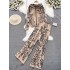 Fashion suit for women, autumn and winter, ink painting, jacquard zipper, hooded knit hoodie, two-piece set, high waist and wide leg pants