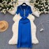 High end dress for women 2024 new design sense color blocked short sleeved polo collar slim fit knit hip hugging skirt