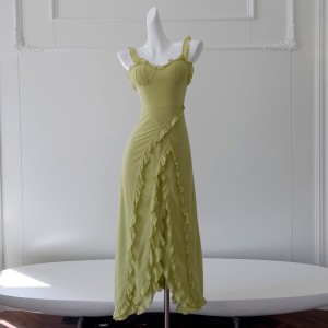 Summer New Small Fresh Green Dress Medium Long French Matcha Green Strap Dress 68663