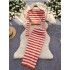 Striped Knitted Set for Women 2024 New Sexy Hot Girl Long Sleeve Umbilical Top+High Waist Hip Wrapping Skirt Half Body Skirt