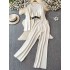 Fashion suit women's Korean retro long sleeved round neck loose slimming knit sweater two-piece set high waist wide leg pants