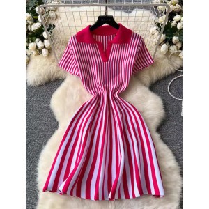 French style niche retro contrasting collar short sleeved striped dress with women's waist cinching and slimming temperament A-line knitted short skirt