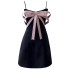 Spring and summer simple waist cinching sexy short skirt elegant temperament suspender black patchwork bow dress 68685