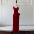 Vintage camisole red dress, light luxury birthday party, mid to long style, side slit, elegant evening dress 68432