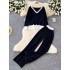 Korean casual lazy style contrasting color V-neck long sleeved knitted sweater for women autumn and winter two-piece set, high waist wide leg pants