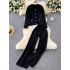 Xiaoxiangfeng metal buckle versatile collared knitted sweater women's coat autumn and winter versatile high waist wide leg pants sweater two-piece set