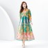 2024 Early Spring - Palace style stand up collar lantern sleeve wave side length retro printed dress