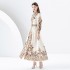 2024 Early Spring - Vacation style stand up collar lantern sleeves wave side length printed dress