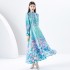 2024 Early Spring Season Wave Edge Wide Skirt Long Retro Watercolor Printed Dress