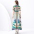 2024 Vacation - Vacation Style Suit Collar Short Sleeve Wide Swing Wave Edge Square Scarf Printed Long Dress