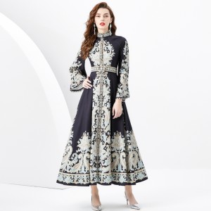 2024 Spring/Summer - Palace style stand up collar flared sleeve single placket printed long lace dress