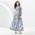 2023 vacation style stand up collar lantern sleeve wave side length printed dress