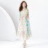 2024 Early Spring - Vacation style stand up collar lantern sleeves wave side length retro printed dress