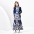 2024 Spring/Summer - Palace style stand up collar lantern sleeves wave side length retro printed dress