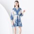 2024- Early season vacation style V-neck pleated lantern sleeves retro printed mini dress