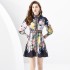 2024 Spring/Summer - Palace style stand up collar lantern sleeves wavy edge mini retro printed dress