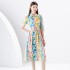 2024 Spring/Summer - Palace Style Flip Collar Short Sleeve Waist Wide Skirt Printed Long Dress