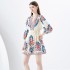 2024- Early season vacation style V-neck pleated lantern sleeves retro printed mini dress