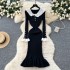 French retro contrasting doll collar waist cinched knitted dress for women with stretch, slim fit and slimming temperament, lotus leaf edge skirt