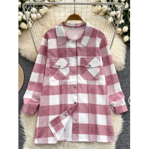 European and American style casual versatile loose checkered printed shirt for women, 2024 autumn mid to long length, slimming long sleeved jacket for women