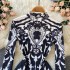 European and American printed autumn new design sense niche one-piece top sexy slim fit stand up collar base jumpsuit for women