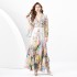 2024 Spring/Summer - Retro Deep V-neck Lantern Sleeve Wave Edge Wide Swing Painted Printed Long Dress