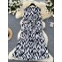 European and American fashion light mature style V-neck lantern sleeve strap cinched waist for slimming temperament zebra print slit dress