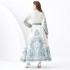 2024 Vacation - Palace style Retro Stand up Collar Single breasted Printed Wide Swing Long Dress