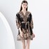 2024- Early season vacation style V-neck pleated lantern sleeves retro printed mini dress