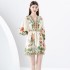 2024 Early Spring - Vacation style V-neck pleated lantern sleeves retro painted printed mini dress