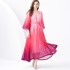 2024 Vacation - Vacation style V-neck flared sleeve pleated wave side length gradient printed dress