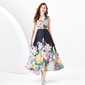 2024 Spring/Summer - Vacation style flat collar sleeveless wide wavy edge oil painting printed long dress