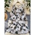 2024 autumn new niche light mature style dress for women, French style waist cinched square collar lantern sleeve printed chiffon long dress