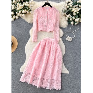 Xiaoxiangfeng set women's short round neck bubble sleeves lace top high waist big swing half skirt women's autumn two-piece set