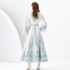 2024 Early Spring - Palace style stand up collar flared sleeve single placket printed long lace dress