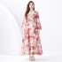 2024 Vacation - Lace V-neck flared sleeve pleated cardigan printed long dress