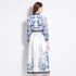 Original in stock | 2024 early spring V-neck ethnic style long sleeved printed waist lace up long dress