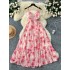 French retro camisole printed dress for women, 2024 autumn harvest waist slimming temperament, V-neck big swing chiffon long skirt