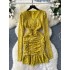 Feminine sexy dress 2024 autumn socialite temperament V-neck pleated waist slimming long sleeved lace base skirt