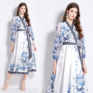 Original in stock | 2024 early spring V-neck ethnic style long sleeved printed waist lace up long dress