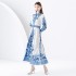 2024- Early Spring Retro Collar Single Front Lantern Sleeve Long Printed Dress