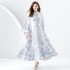 2024 Early Spring - Palace style stand up collar flared sleeve single placket printed long lace dress