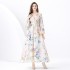 2024 Vacation - Lace V-neck flared sleeve pleated cardigan printed long dress