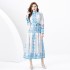 2024 Spring/Summer - Palace style stand up collar lantern sleeves wave side length retro printed dress