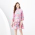 2024 Spring/Summer - Retro painted stand up collar with raglan sleeves and wavy edge printed dress