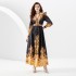 2024- Early Spring Lantern Sleeve V-neck Palace Style Single Front Printed Long Dress