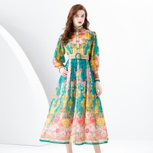 2024 Early Spring - Palace style stand up collar lantern sleeve wave side length retro printed dress