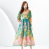 2024 Early Spring - Palace style stand up collar lantern sleeve wave side length retro printed dress